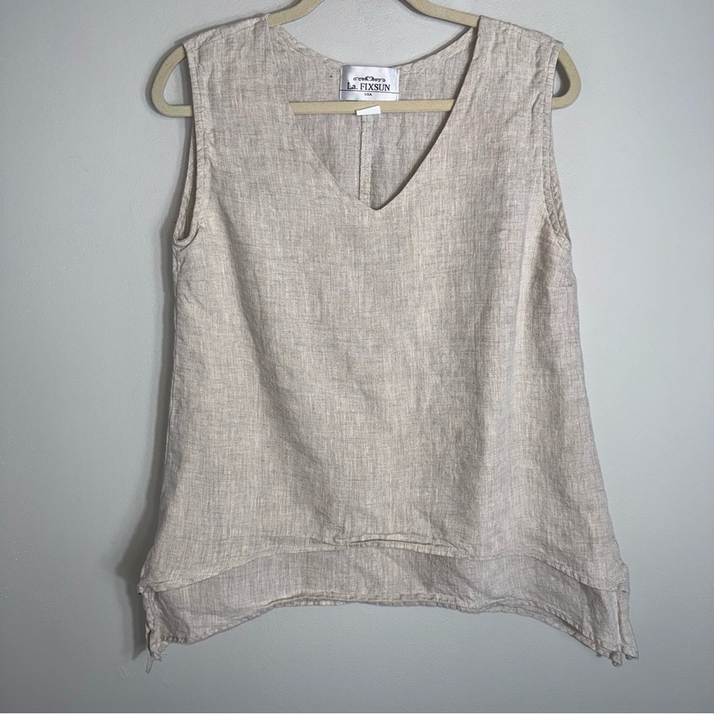 LA Fixsun Women's Sleeveless Tunic Blouse-Linen-Tan-Lagenlook-Medium